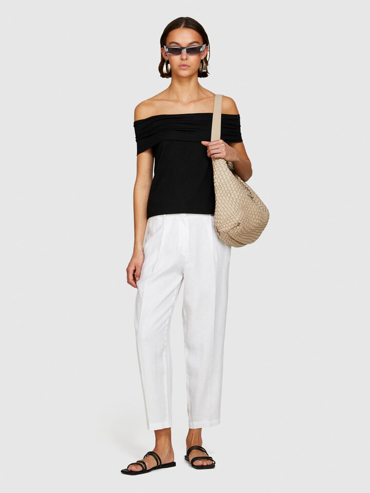 100% linen barrel leg trousers - women's carrot fit trousers - White | Sisley image number 1